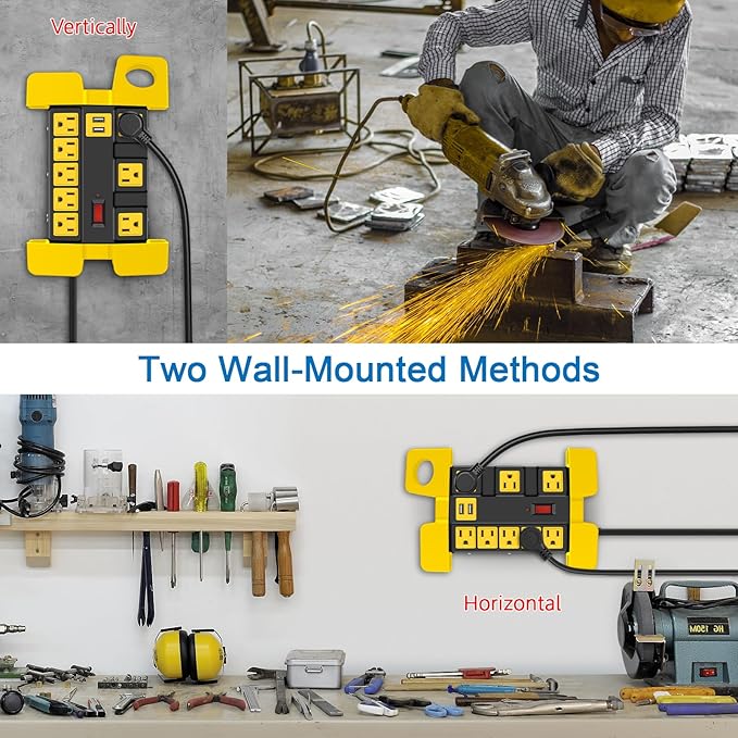 CCCEI Heavy Duty Power Strip with USB, Workshop 8 Outlet Surge Protector 2700 Joules, Industrial Metal 15Amp Power Strip, 20 FT Extension Cord and Wide Spaced Black.