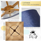 Drum Chandelier,18” Blue and Gold Round Ceiling Pendant Light Fixture Velvet Fabric Shade 4 Lights Modern Semi Flush Mount Hanging Chandelier for Dining Room Foyer Hallway