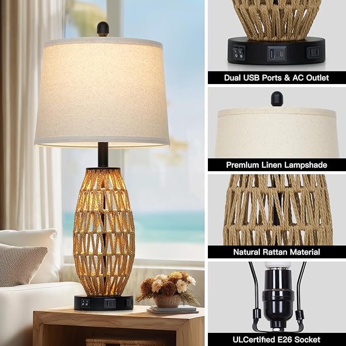 27" Rattan Table Lamps Set of 2, Boho Bedside Lamp for Bedroom with Night Light, Coastal Woven Wicker Nightstand Lamps with USB A+C Charging Port & AC Outlet, Tall Farmhouse Living Room Lamp