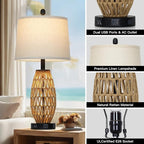 27" Rattan Table Lamps Set of 2, Boho Bedside Lamp for Bedroom with Night Light, Coastal Woven Wicker Nightstand Lamps with USB A+C Charging Port & AC Outlet, Tall Farmhouse Living Room Lamp