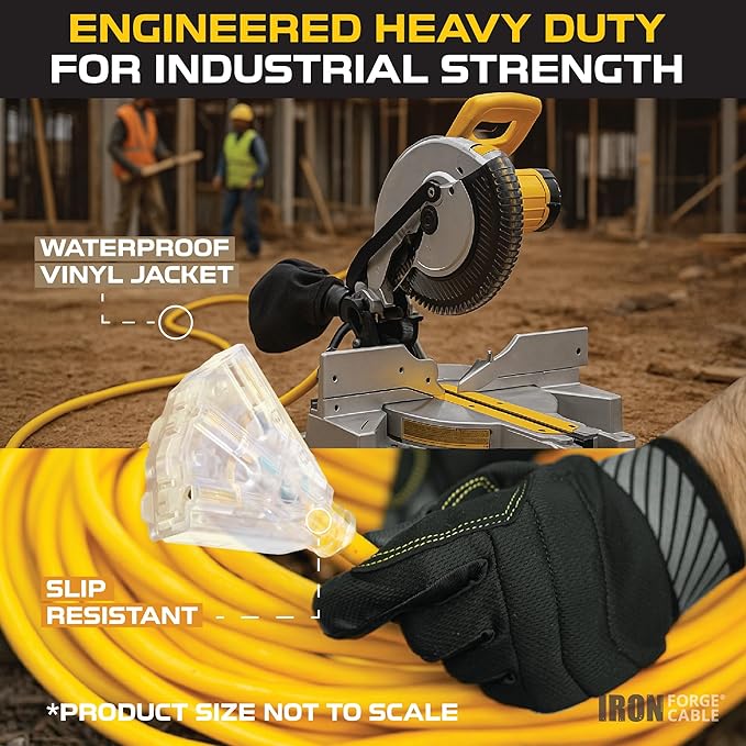 Iron Forge Cable 10 Gauge 10ft Lighted Outdoor Heavy Duty Extension Cord with 3 Outlets - 15 Amp 10/3 SJTW Yellow Extension Cord with Multiple Outlets - 2 Pack