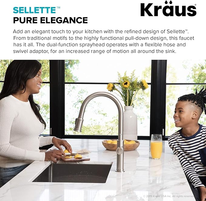 KRAUS Sellette Single Handle Spot Free Stainless Steel Pull-Down Kitchen Faucet with Deck Plate and Soap Dispenser, KPF-1680SFS-KSD-80SFS