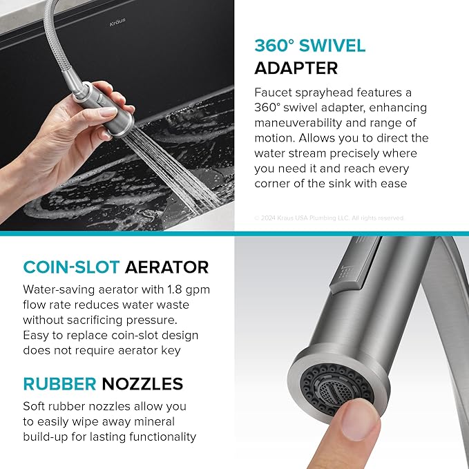 KRAUS Torak Pull Down Kitchen Faucet in Spot-Free Stainless Steel with Commercial Style Spring Spout, 2 Function Sprayer, Pre-Attached Water Lines, and Mounting Hardware, KPF-2635SFS