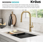 KRAUS Torak Pull Down Kitchen Faucet in Spot-Free Brushed Brass with 2 Function Sprayer, Pre-Attached Water Lines, and Mounting Hardware, KPF-2841SFBB