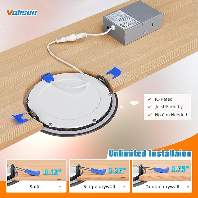 VOLISUN 24 Pack 6 inch Recessed Lighting, 5CCT LED Recessed Light Black, 2700K-5000K Selectable, 13W Eqv 120W, 1080LM Dimmable Canless Wafer Downlight, LED Ceiling Light ETL Certificated