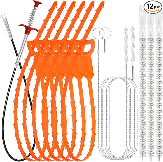 Drain Snake 12 Set: 25inch Snake Drain Hair Removal Tool(1PCS), 59inch Cleaning Brush(2PCs), 25inch Drain Clog Remover(6PCS), 18inch Sink Drain Brush(3PCS) For Bath Tub, Toilet, Kitchen Sink, Sewer