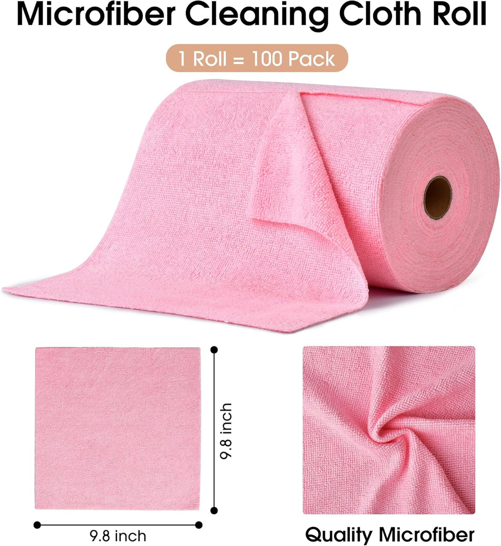KitchLife Microfiber Cleaning Cloth Roll, 100 Pack - Tear-Away Microfiber Paper Towels, Lint-Free, Reusable, Washable for Kitchen, Car, Dishes, and Sensitive Surfaces (Pink)