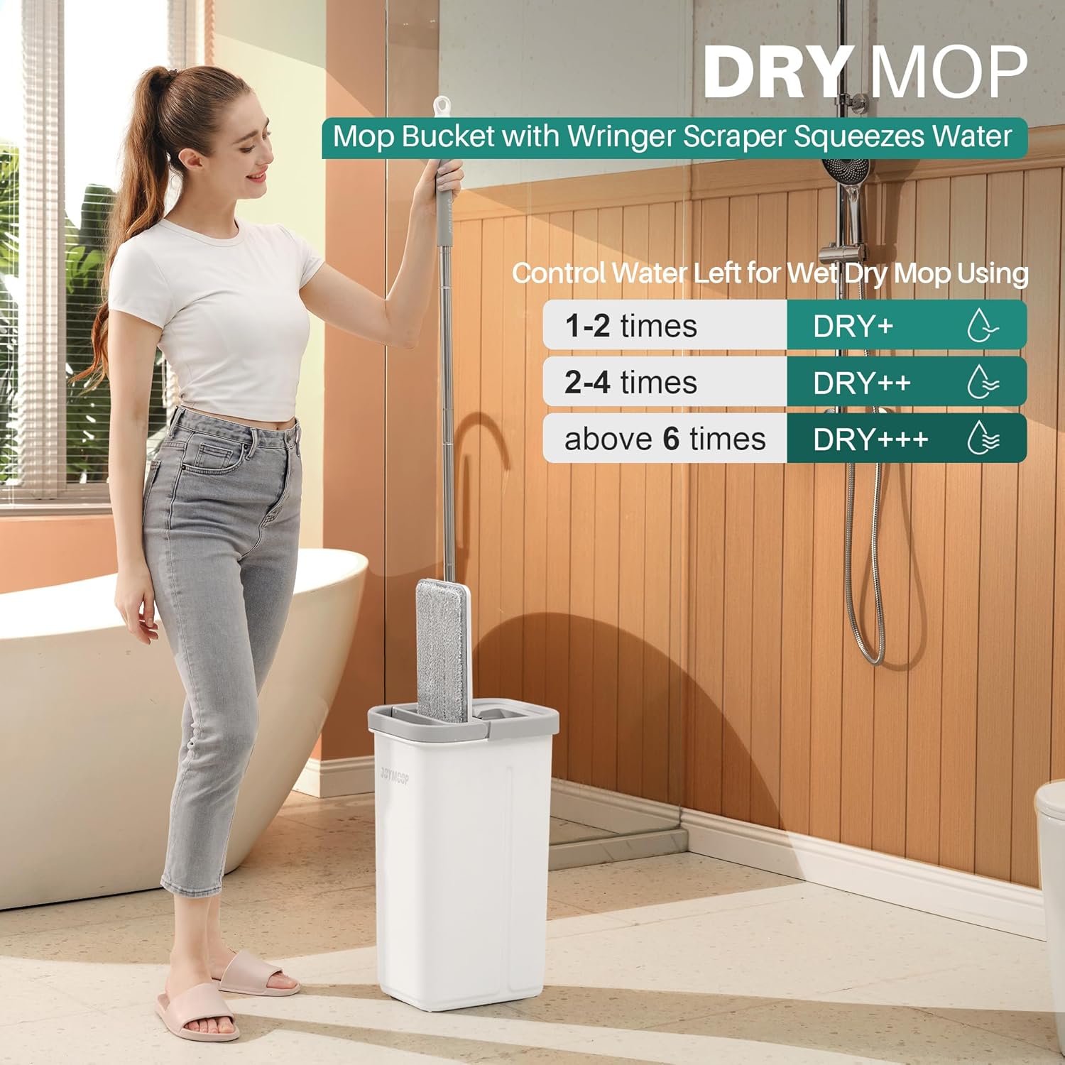 JOYMOOP Microfiber Flat Mop and Bucket System, Mops for Floor Cleaning and Wall Cleaner, Hardwood, Tile, Laminate, Vinyl Floors, Smooth Walls, and Glass Windows - 50" Flat Mop + 1 Microfiber Pad