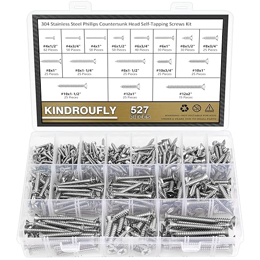 527 Pieces #4#6#8#10#12 Phillips Countersunk Head Self-Tapping Screws, Wood Screws Assortment Kit, 304 Stainless Steel