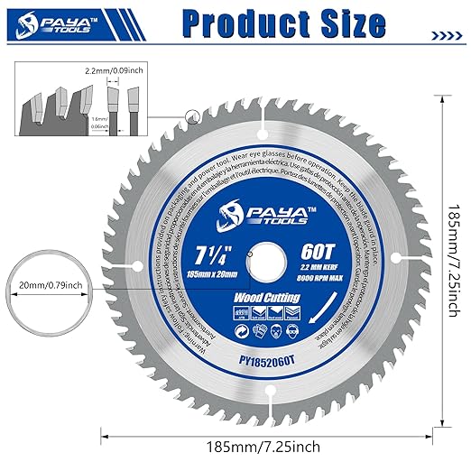 7-1/4-Inch 60-Tooth Circular Saw Blade,TCT ATB Framing Blade,20mm Bore(16mm Reduction Ring Included) for Wood Fast Cutting