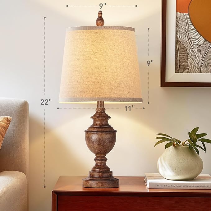 PARTPHONER Retro Table Lamps Set of 2, Bedside Lamp for Bedroom Rustic Farmhouse Table Lamps for Living Room, Vintage Nightstand Lamps with White Shades, Wood Grain