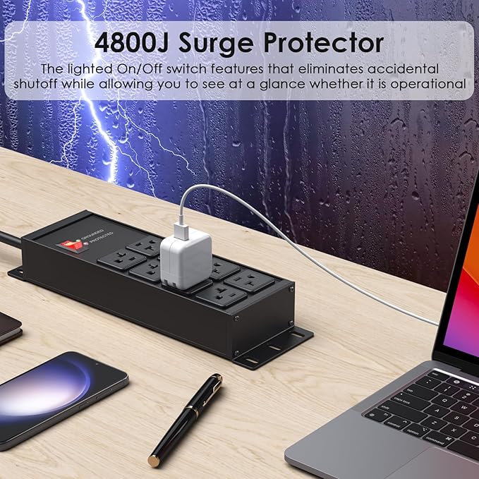 JUNNUJ Heavy Duty 20 Amp Surge Protector 4800J, Garage Metal 8 Outlets 12 Gauge, High Amp 5-15P Adapter Shop 6-20R T-Slot Industrial Outlet, 6 FT Extension Cord Commercial for Appliance