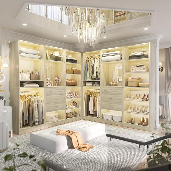 Unikito 75” Closet System with Drawers, 6.2FT Wood Closets Organizer with Hanging Rods and Mirror, Reversible Large Walk in Closet Wardrobe Garment Rack with Shoe Shelves, White Oak