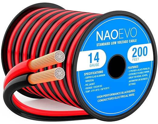NAOEVO 14 Gauge Wire 200FT, 2 Conductors Electrical Wire Red Black Cable, Flexible/Low Voltage/PVC 14 AWG Copper Clad Aluminum Extension Cord for Speaker, LED Strips, Automotive 12V/24V DC