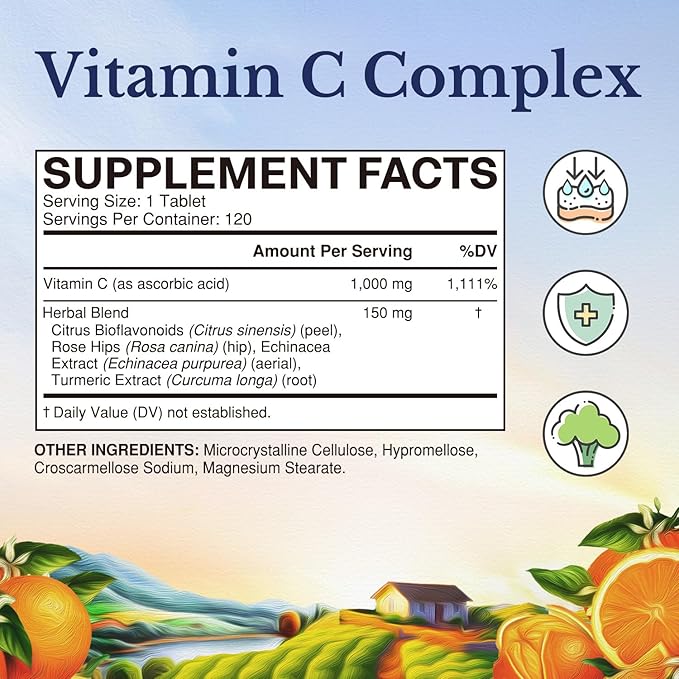 Vitalitown Vitamin C Complex 1000mg with Rose HIPS, Bioflavonoids, Turmeric & Echinacea, Daily Immune Support, Collagen Booster & Powerful Antioxidant, Vegan, 120 Tablets
