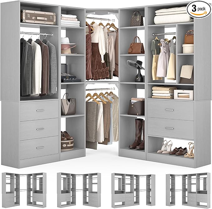 Corner Closet System with 5 Drawers, Closet Organizer System with 15+Shelvess & 4 Hanging Rods, 63.2"L * 63.2"W / 87.2"L * 39.2"W Reversible L Shaped Walk-in Closets, Load 2500+LBS, Grey