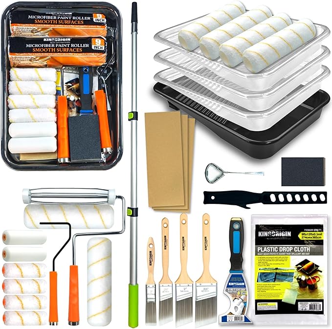 King Origin 31 Piece Paint Roller Kit, 9" & 4" Paint Rollers, Brushes, Extension Pole, Paint Trays & Accessories | Professional House Painting Supplies for Walls, Ceiling & Trim
