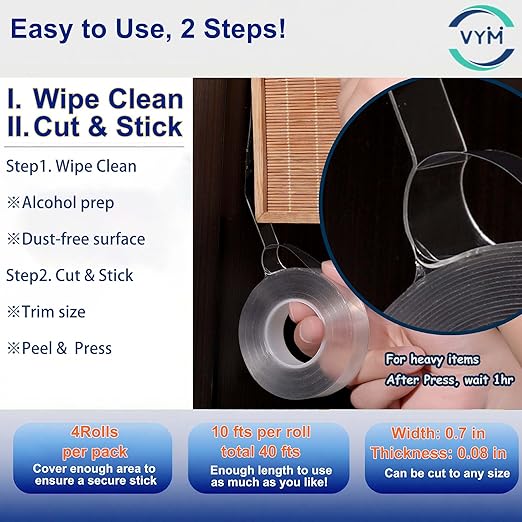 4Rolls Thicker 2mm, Nano Double Sided Mountinging Heavy Duty Tape, 2 Sides Sticky Tack Tape for Painted Walls AC Hanging Clear, 0.7in×10fts, 40fts Total Long (Thicker. 4 pack×0.7''×10fts)