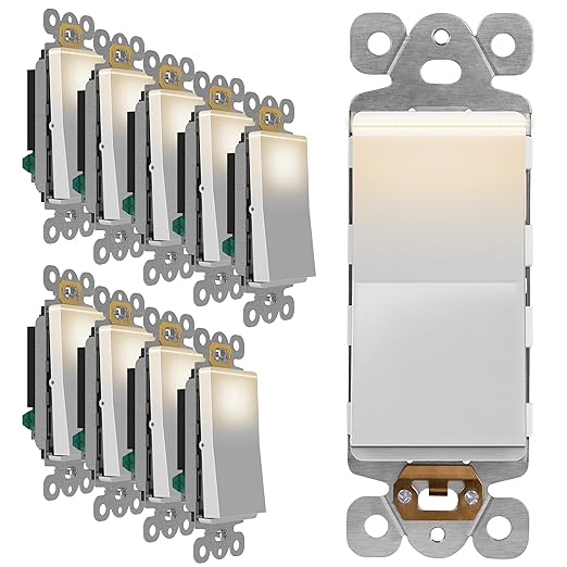 LIDER Decorator Switch with Lighted Paddle, UL Listed, Illuminated Paddle Switch, Matte Finish Rocker Switch, 1-Pole, 3-Wire, Residential/Commercial Grade, 15A 120-277VAC, White, 10 Pack