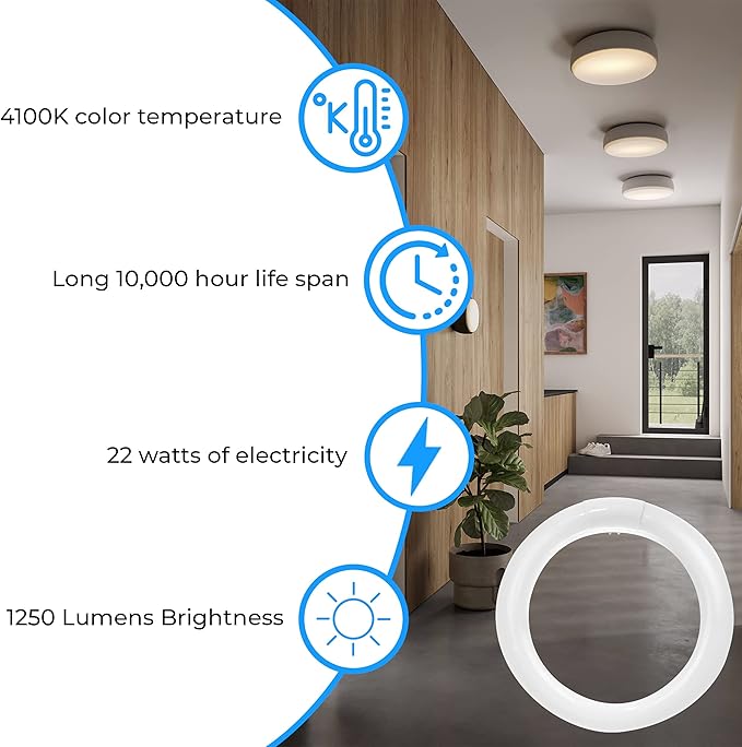 T9 Round Fluorescent Circline Lamp 22 Watts - G10Q 4-Pin Base - Ceiling Light Bulb with 4100K Cool White – 1250 Lumens