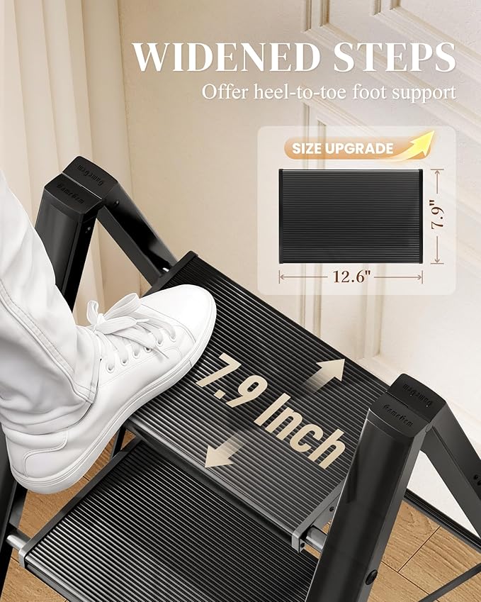 GameGem 4 Step Ladder, Folding Step Stool with Wider Pedal, Anti-Slip Feet & Non Slip Stripes, Aluminum Sturdy Material, 300Lbs Capacity, Elegant Look of Piano Black Better Matches Your Home