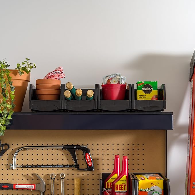 IRIS USA Medium Stackable Storage Bins, 4-Pack, 11" L x 6" W x 5" H, |Made in USA|, Plastic Open Front Shelf Bin for Organizing Parts, Hardware, Tools, Supplies, Garage Shelf, Pantry - Black