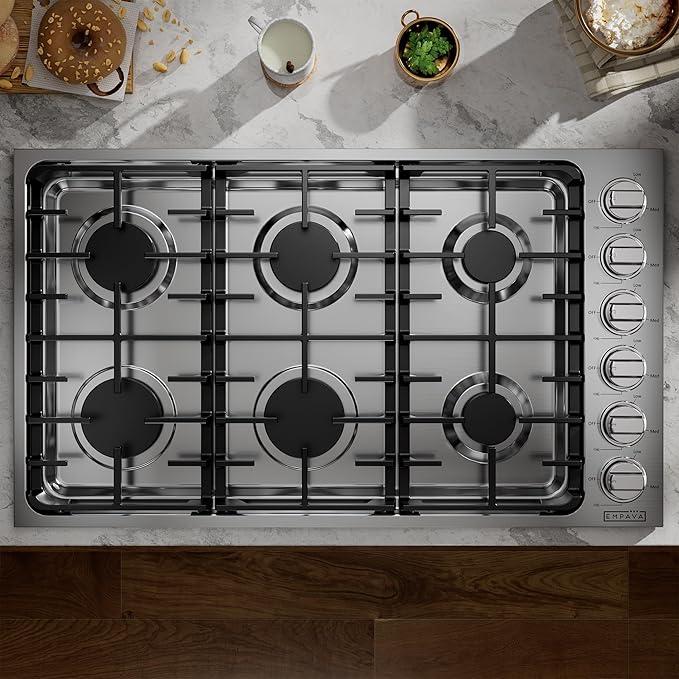Empava 36 in. Gas Stove Cooktop 6 Italy Sabaf Sealed Burners NG/LPG Convertible in Stainless Steel, 36in