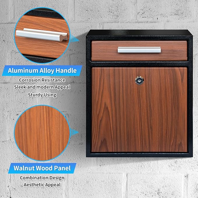 Locking Wall-Mount Mailbox, Wood Vintage Metal Mailboxes for Outside, Security Drop Box with Lock, Large Capacity Mounted Mailbox, Heavy Duty Thickened Mailbox
