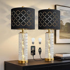 Oneach 27.75" Modern Table Lamps Set of 2, Gold Bedside Lamp with Crystal Nightlight, USB A+C, Black Grid Shade, Unique Desk Lamps for Living Room, Bedroom, Nightstand, End Table (2 Bulbs Included)