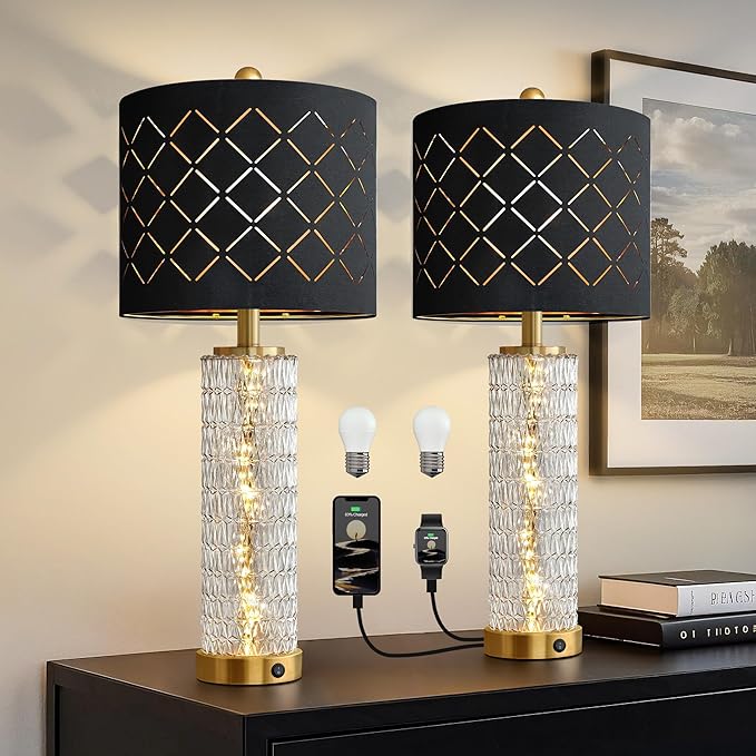 Oneach 27.75" Modern Table Lamps Set of 2, Gold Bedside Lamp with Crystal Nightlight, USB A+C, Black Grid Shade, Unique Desk Lamps for Living Room, Bedroom, Nightstand, End Table (2 Bulbs Included)