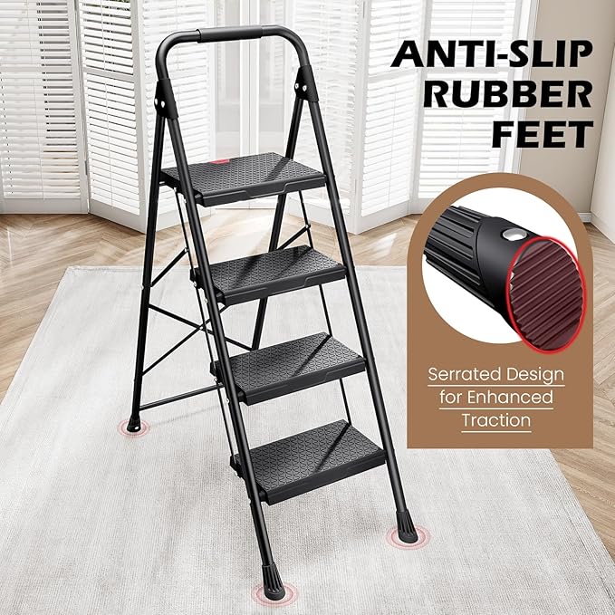 KINGRACK Step Ladder, Portable Folding Step Stool with Anti-Slip Wide Pedals, Heavy Sturdy Steel with Handrail, Safe-Lock Design, 800lbs Load Capacity, for Home and Kitchen, Black (4 Step Ladder)