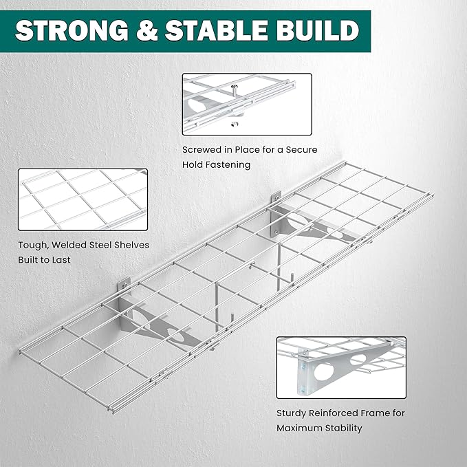 EVERHANGER Garage Wall Shelves, 12 X 48 Inch Wall Mounted Storage Shelves, Heavy Duty Metal Shelving with Hooks, 2 Pack, White
