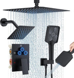Shower Faucet Set, 12" Ceiling Mount Rainfall Shower System with 2 Rain Shower Head and Multi-function Handheld Head Push Button Diverter Shower Faucet Trim Kit (12", Matte Black)
