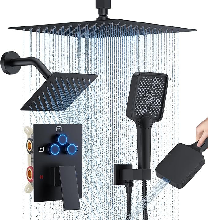 Shower Faucet Set, 12" Ceiling Mount Rainfall Shower System with 2 Rain Shower Head and Multi-function Handheld Head Push Button Diverter Shower Faucet Trim Kit (12", Matte Black)