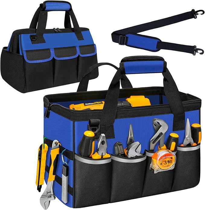 Tool Bag, Portable Tool Box Organizer Adjustable Shoulder Strap, Carry Tool Tote Heavy Duty Tool Storage Bag With Wide Mouth,Tool Bags for Men Mechanic EngineerGift - L, Blue & Black