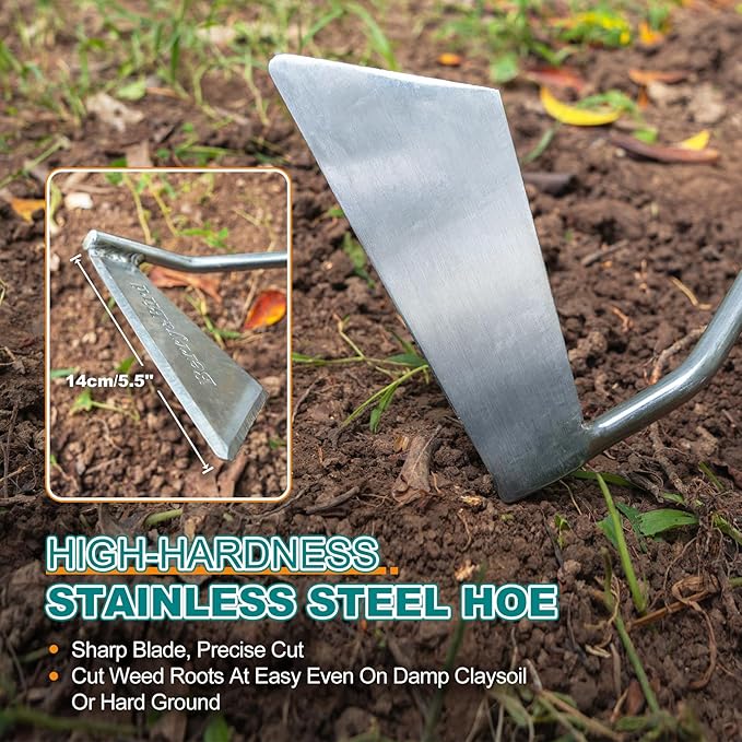 Berry&Bird Swoe Garden Hoe, 61.8'' Stainless Steel Long Handled 3 Edge Hoe with Wooden Hand, Mini Angled/Warren Hoe, Soil Cultivator Weeding Tool for Grass Flower Backyard