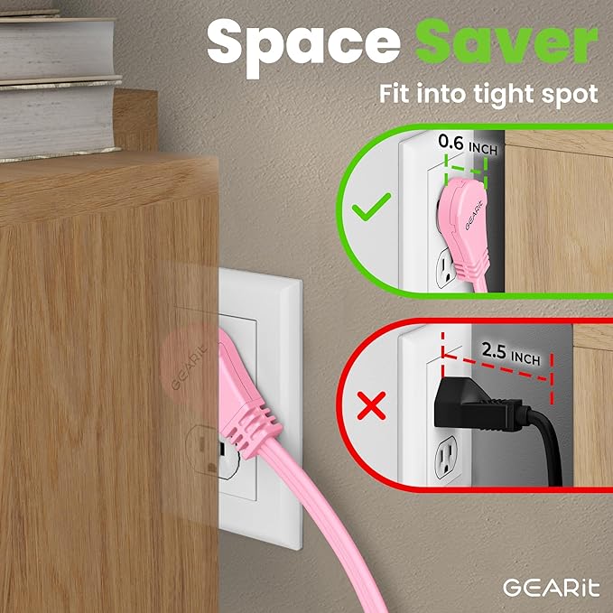 GEARit 360 Rotating Flat Plug Extension Cord with 3 Outlets (15ft, Pink) 16AWG/13A 3 Prong Wire, Outlet Saver for Home Office Dorm Room Essentials, ETL Certified