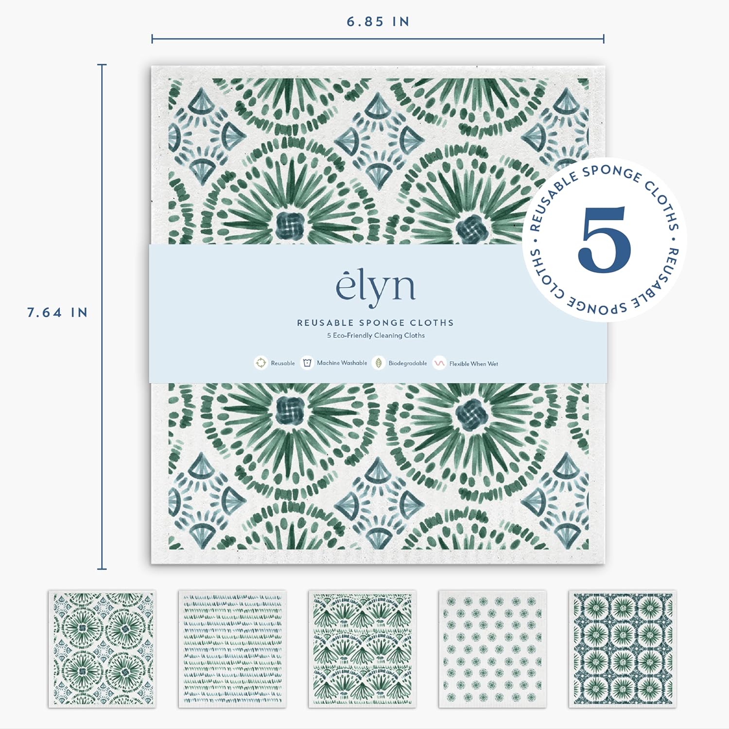 ELYN Swedish Dishcloths, Reusable & Washable Sponge Cloths, Absorbent Cleaning Paper Towels for Kitchen, Dishes, Counters and More, 5 Pack, Assorted Bohemian Patterns