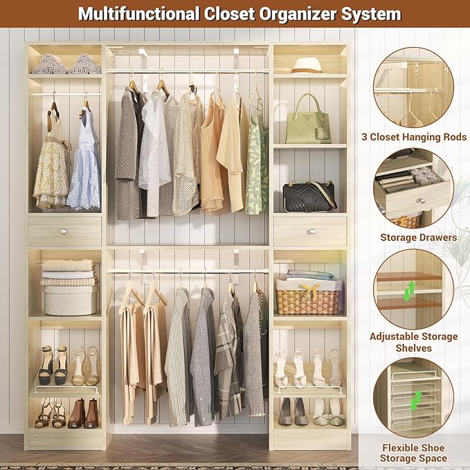 Unikito 58" W - 90" W Closet Systems, Large Walk in Closet Organizer with 3 Hanging Rods and Shelves, Heavy Duty Wood Closet Wardrobe with 2 Drawers and Shoe Rack, Reversible Clothing Rack, White Oak