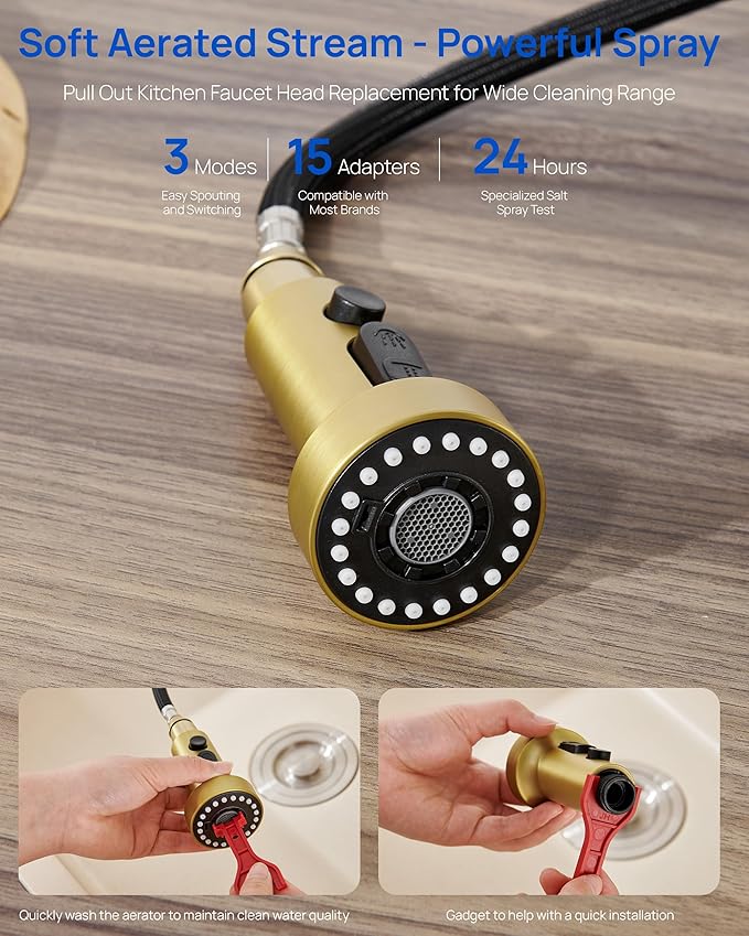 J-HVA Pull Down Kitchen Faucet Sprayer Head Replacement Part, 3 Function Pull Out Sink Sprayer Replacement Nozzle with 15 Adapters, Kitchen Faucet Head Hose Spray Tap Spout, Brushed Gold