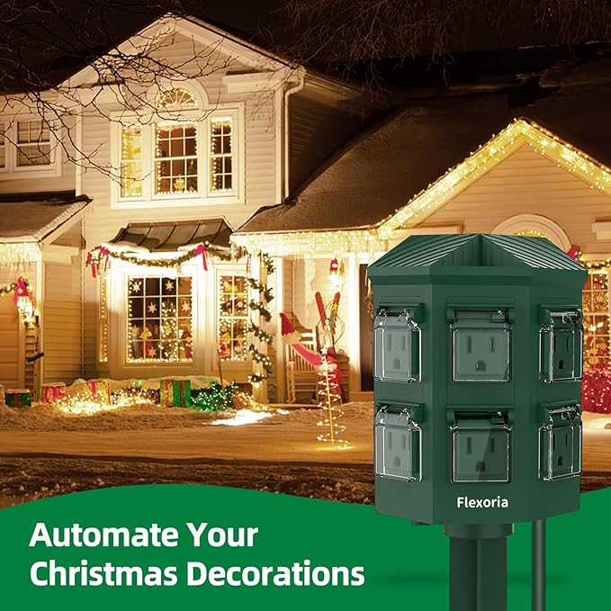 Flexora Outdoor Power Strip with 24-Hour Mechanical Timer, 50 FT Extension Cord Waterproof, 6 Grounded Outlets for Outdoor Christmas Decorations, ETL Listed