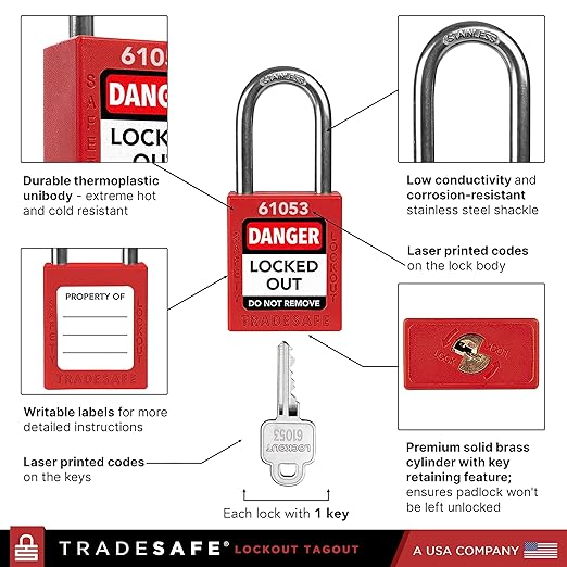 TRADESAFE Lockout Tagout Locks Set - 10 Red Loto Locks, Lockout Locks Keyed Different, 1 Key Per Lock, OSHA Compliant Lock Out Tag Out Padlocks, Safety Padlocks for Electrical Lockout Tag Out Kits