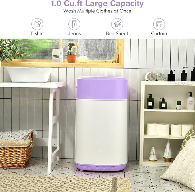 COSTWAY Portable Washing Machine, 8 Lbs Capacity, Built-in Drain Pump, Compact Laundry Washer with 6 Programs, 6 Water Levels, Child Lock, Full-Automatic washer for RV, Dorm, Apartment, Purple