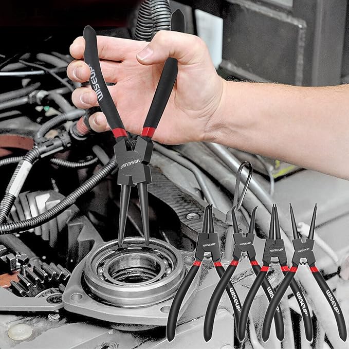 WISEUP Snap Ring Pliers Set With 225pcs Retaining Ring Set, 4PCS-7 inch Circlip Pliers Kit,Straight/Bent Jaw Pliers Tips C-Clip Pliers for Ring Remover with Storage Pouch