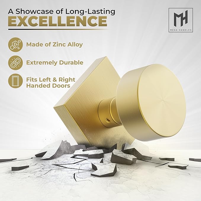 Mega Handles SUANA Dummy Door Knob for Hallway, Closet and Bathroom, Reversible Heavy Duty Design Door Knobs, Fits All Standard Door Sizes, Screws Included - Satin Brass (2 Pack)