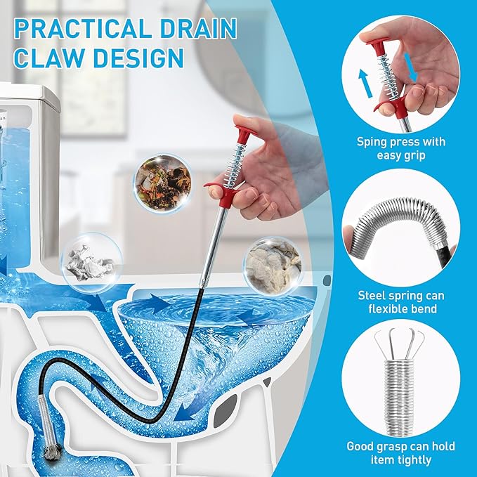 Drain Snake 12 Set: 25inch Snake Drain Hair Removal Tool(1PCS), 59inch Cleaning Brush(2PCs), 25inch Drain Clog Remover(6PCS), 18inch Sink Drain Brush(3PCS) For Bath Tub, Toilet, Kitchen Sink, Sewer