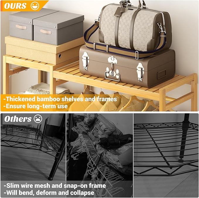 Homykic Bamboo Clothes Rack Garment Rack for Hanging Clothes, Heavy Duty Clothing Rack with 7 Tiers Adjustable Shelves, Double Rods, 4 Hooks, Freestanding Closet System Organizer Wardrobe, Natural