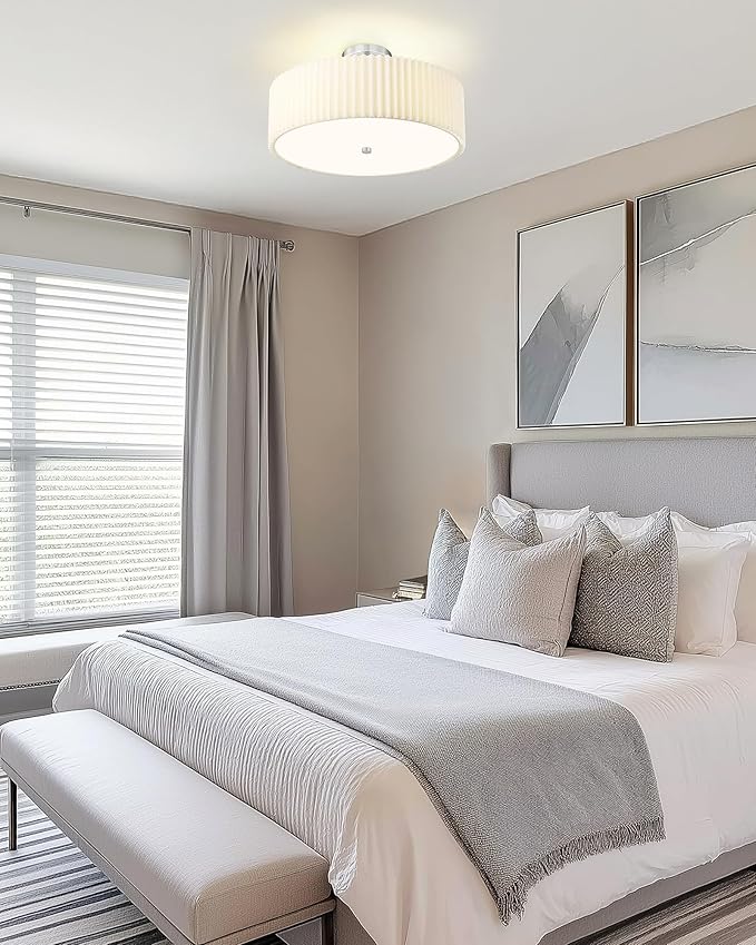 Semi Flush Mount Ceiling Lights, 4-Light 18" Ceiling Light Fixture with White Pleated Fabric Shade, Brushed Nickel Drum Lamp for Nursery Hallway Bedroom Kitchen, AD-25036-4SF-SN