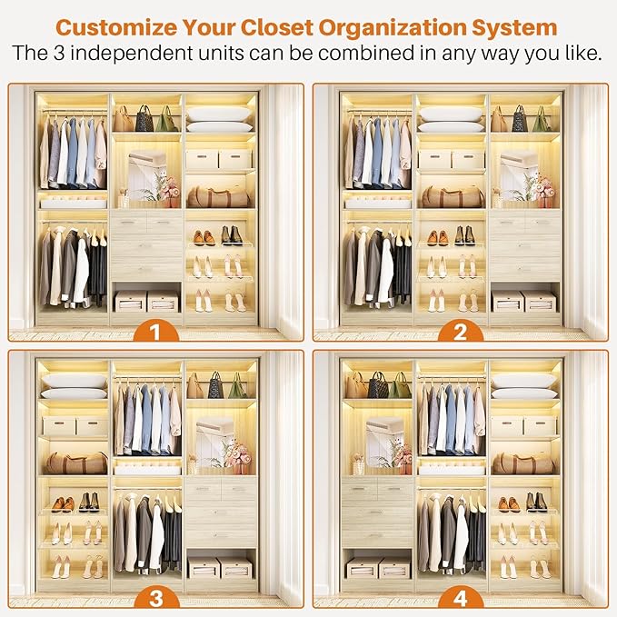 Unikito 75” Closet System with Drawers, 6.2FT Wood Closets Organizer with Hanging Rods and Mirror, Reversible Large Walk in Closet Wardrobe Garment Rack with Shoe Shelves, White Oak
