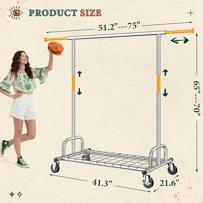 Raybee Heavy Duty Clothes Rack, Clothing Racks for Hanging Heavy Clothes 200+, Rolling Clothing Rack Load 485 LBS, Extendable & Adjustable Portable Commercial Garment Rack with Wheels